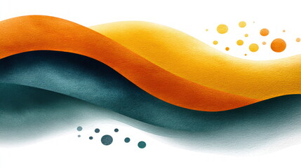 Poster - Abstract watercolor background shows fluid waves of orange and teal with scattered circles against a bright white seamless backdrop design element.
