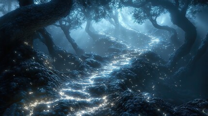 Wall Mural - an intricate network of glowing pathways winds through a dark, alien forest filled with strange flor