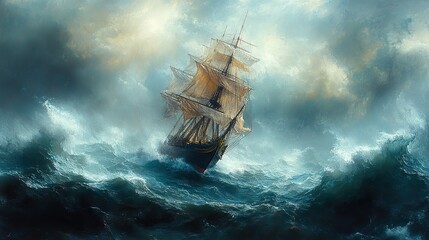 Wall Mural - an old sailing ship navigating through a stormy sea, its sails billowing in the wind, a symbol of ad