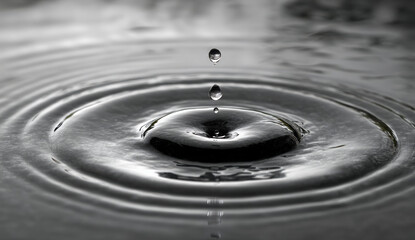 Poster - A single droplet of water falls onto a dark still surface creating concentric ripples and a mesmerizing visual effect. The image showcases the beauty of simple physics in a stunning mo : Generative AI