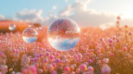 Wall Mural - delicate glass orbs containing miniature galaxies float gently above a field of tall, silver grass.