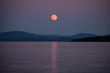 Aufkleber - Pink full moon rising over calm ocean water reflecting light on the surface with dark silhouettes of distant mountains on the horizon at twilight. : Generative AI