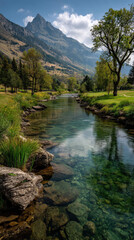 Aufkleber - Crystalclear river flows through a serene alpine valley reflecting the majestic mountains and lush greenery under a bright summer sky. : Generative AI