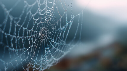 A mesmerizing close-up of a spiderweb, intricately woven and glistening with dewdrop, set against a blurred backdrop. 