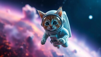 Wall Mural - Tiny astronaut cat in spacesuit, floating in nebula, background, starship