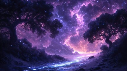 Wall Mural - luminescent kelp forests sway gently in an ocean of liquid starlight beneath a sky of swirling ameth