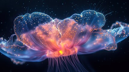 Wall Mural - luminous jellyfish pulsating gently in the deep ocean, their translucent bodies emitting an ethereal