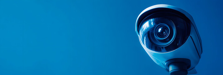 Wall Mural - modern surveillance camera mounted on blue wall – security and monitoring concept - wide banner - bl