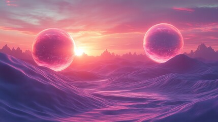 Wall Mural - opaline spheres float serenely above a landscape of undulating, violet dunes under a jade firmament.