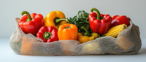 Colorful bell peppers, corn, and kale arrange together inside a reusable net bag, presenting vibrant food.
