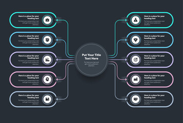 Aufkleber - Flowchart infographic with central circle and ten options - dark version. Flat chart design with thin lines for website or data presentation.