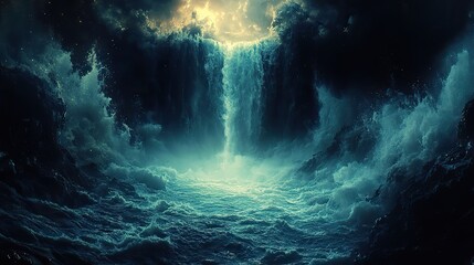 Wall Mural - sapphire cascade plunges into a chasm of echoing silence, where luminescent fungi pulse with rhythmi