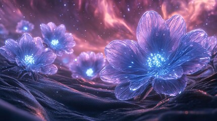 Wall Mural - strange, crystalline flowers bloom in a field of black sand beneath a sky of swirling purple clouds.