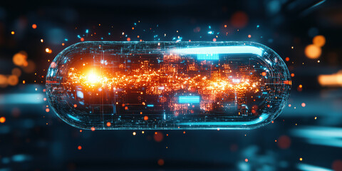Wall Mural - futuristic digital capsule with glowing particles and data streams in vibrant colors.