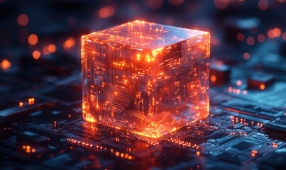 Wall Mural - glowing transparent cube with circuit patterns on digital background.