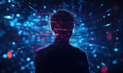 Wall Mural - silhouette of a person against a digital background with glowing data streams.