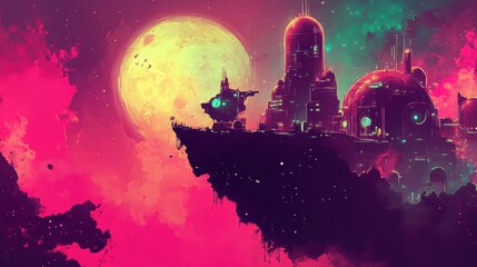 Wall Mural - Otherworldly city panorama against a giant ethereal moon dreamlike landscape painting in a unique fantasy universe vibrant colors