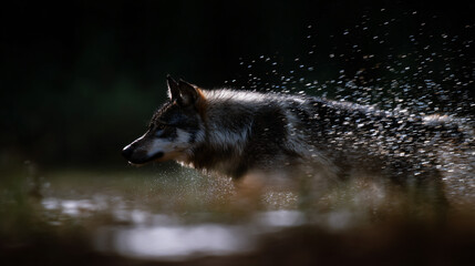 Wall Mural - dynamic wildlife photo of a wolf in question with droplets flying and blur motion in the background.