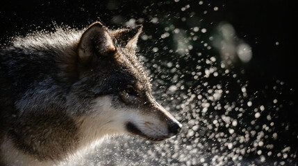 Wall Mural - dynamic wildlife pic of a wolf in motion, droplets aviate with blurred background.