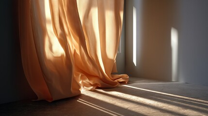 Fototapete - Gentle sunlight enters through a light-colored curtain, casting warm hues and soft shadows across the floor in a peaceful indoor setting during the day