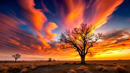 Wall Mural - fiery sunset sky over lone tree in a field of golden grass