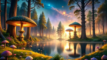 Wall Mural - glowing mushrooms by a tranquil river at sunset in a magical forest