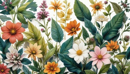  Vibrant Botanical Illustration A Colorful Collection of Flowers and Leaves