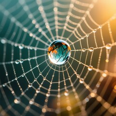 macro photography, water droplet, spider web, dew, intricate details, bokeh background,