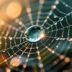 macro photography, water droplet, spider web, dew, intricate details, bokeh background,