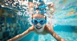 © Anelya - Joyful child swimming underwater in a colorful pool, capturing the essence of summer fun and carefree moments with laughter and splashes Generative AI