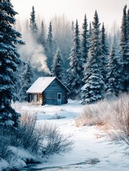 Aufkleber - Cozy Cabin Nestled in Snow-Covered Landscape With Smoke Rising From Chimney in a Serene Winter Setting Generative AI