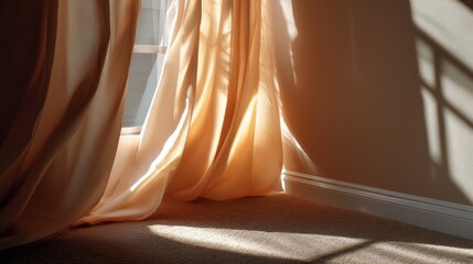 Fototapete - Warm sunlight streams through flowing curtains, creating soft patterns on the carpet. This peaceful atmosphere evokes a sense of calm and tranquility during the afternoon hours