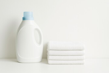 Aufkleber - Laundry Essentials With White Towels and Detergent Bottle on a Clean Background for Effective Washing Routine Generative AI