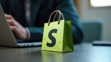 shopify developer. small bag. green paper. letter s. businessman hand