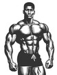 © Oleksandr Pokusai - muscular bodybuilder striking a powerful pose, symbolizing strength, fitness, bodybuilding, and athleticism sketch engraving generative ai vector illustration. Scratch board. Black and white image.