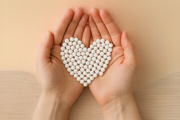 Poster - Hands Holding White Pills Arranged in a Heart Shape on a Neutral Background to Symbolize Health and Care Generative AI