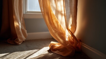 Fototapete - Soft rays of warm sunlight stream through a sheer curtain, casting gentle shadows on the carpeted floor. The tranquil setting evokes a sense of peace and comfort