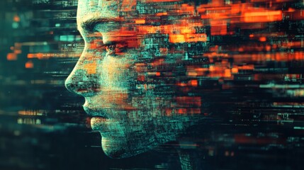 Digital face, data stream, tech future, abstract background, AI concept