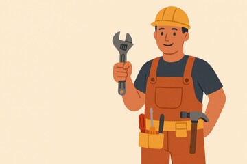 Aufkleber - Skilled Worker Holding a Wrench and Smiling in a Work Environment With Tools in His Belt Generative AI