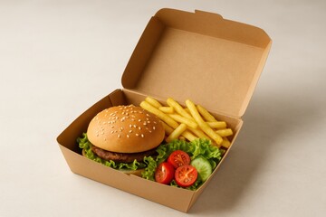 Aufkleber - Delicious Sesame Seed Bun Burger With Crispy Fries and Fresh Vegetables in a Takeaway Box Generative AI