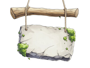 Aufkleber - Aged Stone Sign with Moss Hanging from Rustic Wood Beam Illustration