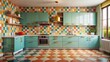 © Kitiphong - Retro kitchen with colorful geometric tiles on walls, floors, and countertops , retro, design,  retro, design