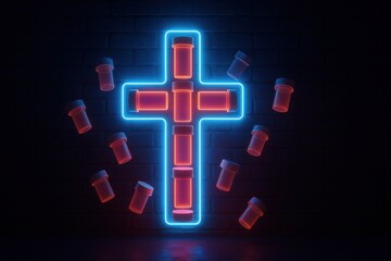 Poster - Colorful Neon Cross Surrounded by Prescription Bottles in a Dark Setting at Night Generative AI