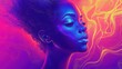 © David - A digital painting of a woman with neon hues and swirls of pink yellow and purple colors around her face