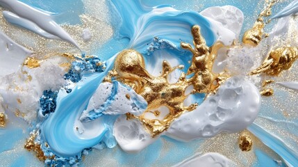 Poster - Light pastel fluid art in cool blue and white with shimmering golden accents and texture