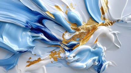 Poster - Light pastel fluid art in cool blue and white with shimmering golden accents and texture