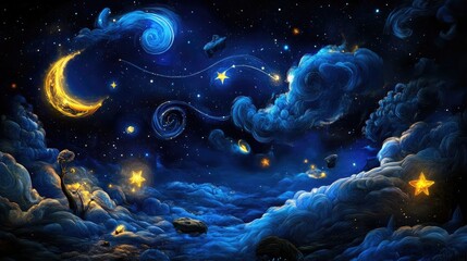 Wall Mural - illustrated galaxy with stars and swirls on a dark background, seamless dreamy texture