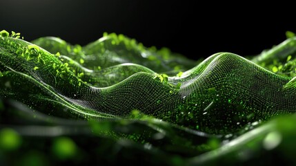 Poster - Green energy wave pattern flowing through 3D digital lines and nodes, computer-generated