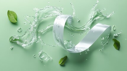 Poster - Glossy curved ribbon and soft water effects on mint green minimalist backdrop