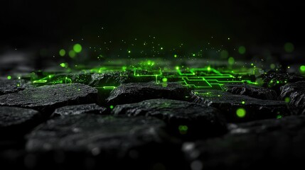 Poster - Futuristic green tech circuit glowing in 3D abstract space, high-tech digital concept